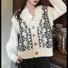 Long-sleeve Ruffle Trim Blouse / Printed Knit Vest