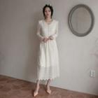 Faux-pearl Scallop-edge Long Lace Dress Light Beige - One Size