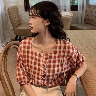 Elbow-sleeve Plaid Square Neck Blouse