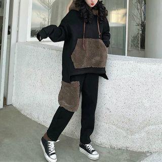 Set : Fleece Panel Sweatshirt + Pants Top - One Size