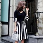 V-neck Striped Trim Elbow-sleeve A-line Dress