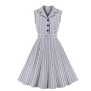 Sleeveless Collared Striped Belted Midi A-line Dress