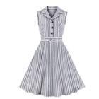 Sleeveless Collared Striped Belted Midi A-line Dress