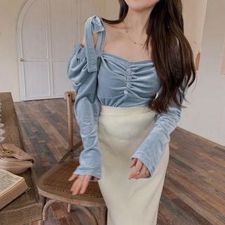 Cold-shoulder Shirred Velvet Blouse