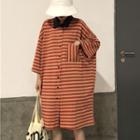 Striped 3/4-sleeve Collared Buttoned Dress
