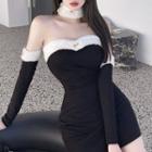 Set: Strapless Fleece Trim Mini Bodycon Dress + Arm Sleeves