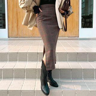 Deep-slit Long Plaid Skirt