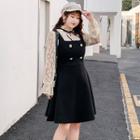 Bell-sleeve Lace Blouse / Buttoned A-line Mini Pinafore Dress