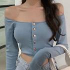 Buttoned Off-shoulder Long-sleeve T-shirt