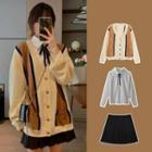 Shirt / Ribbon Tie / Pleated Mini Skirt / Paneled Cardigan