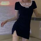 Short-sleeve Contrast Trim Slit Mini Sheath Dress Blue - One Size