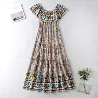 Off-shoulder Floral Print Tiered Maxi A-line Dress