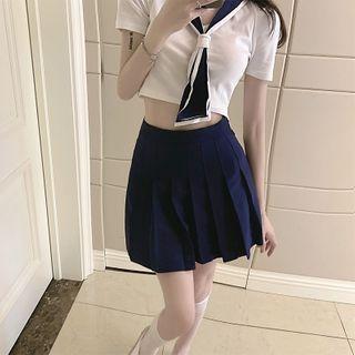 Short-sleeve Sailor Collar Cropped Shirt / Pleated A-line Skirt / Set