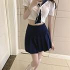 Short-sleeve Sailor Collar Cropped Shirt / Pleated A-line Skirt / Set