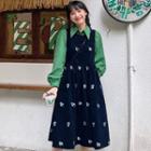 Long-sleeve Corduroy Shirt / Floral Midi Overall Dress