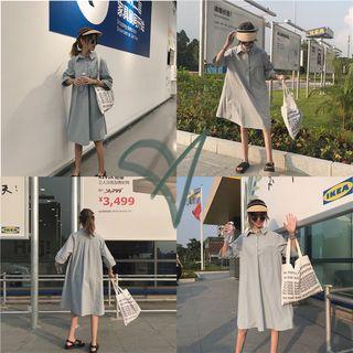 3/4-sleeve Collared A-line Midi Dress