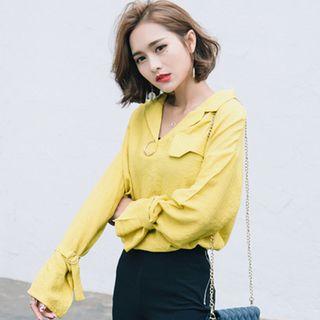 V-neck Flared-cuff Blouse