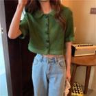 Short-sleeve Collared Cropped Knit Top Army Green - One Size