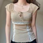 Square Neck Short Sleeve Lace Paneled Knit Top