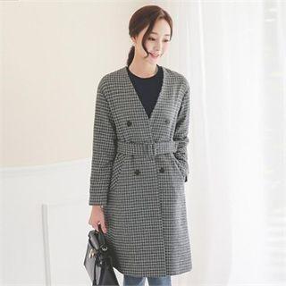 Collarless Plaid Coat With Belt