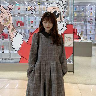 Collared Pleated Glen-plaid Wool Blend Dress Brown - One Size