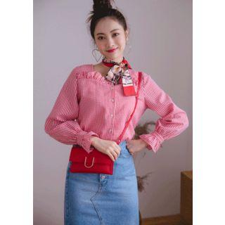 Square-neck Frilled Gingham Blouse