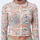 Line Print Long-sleeve Crop Top