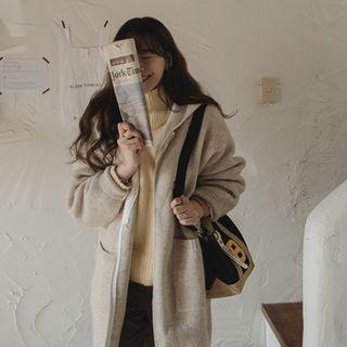 Hooded Knit Zip-up Coat Light Beige - One Size