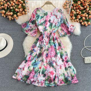 Bell Sleeve Floral Print A-line Midi Dress