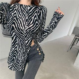 Long-sleeve Zebra Print Asymmetrical Slit T-shirt