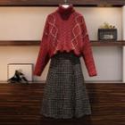 Cable-knit Turtleneck Sweater / Plaid Midi A-line Skirt / Set
