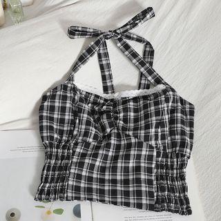 Halter-neck Plaid Camisole Top Black - One Size