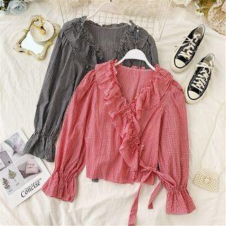 Long-sleeve Ruffled Gingham Top