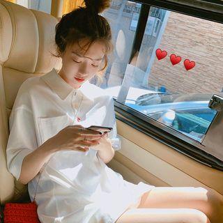 Elbow-sleeve Collared Mini T-shirt Dress