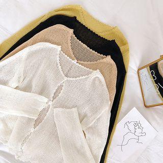 Single-breasted V-neck Eyelet Lace Long-sleeve Light Knit Top