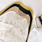 Single-breasted V-neck Eyelet Lace Long-sleeve Light Knit Top