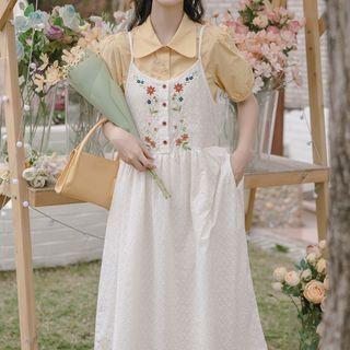 Puff-sleeve Shirt / Floral Embroidered Overall Dress