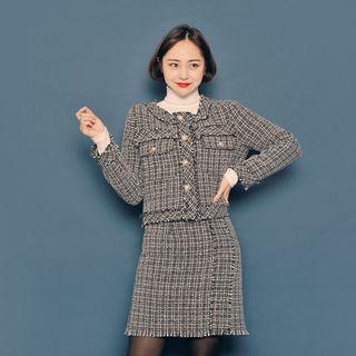 Set: Button-detail Tweed Cardigan + Pencil Skirt