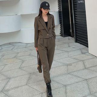 Set: Plain Cropped Blazer + Straight Leg Dress Pants