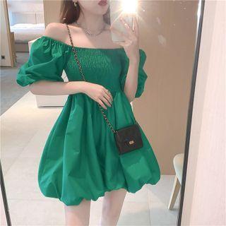 Puff-sleeve Off-shoulder Plain A-line Dress