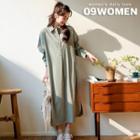 Plus Size Half-placket Pleated-cuff Long Shirtdress