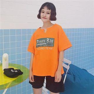 Short-sleeve Lettering Notched Neck T-shirt Orange - One Size