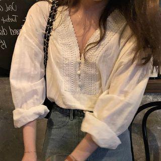 V-neck Lace Trim Plain Top
