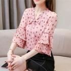 3/4-sleeve Tie-neck Dotted Blouse