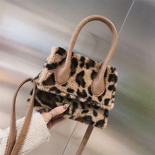 Plain / Leopard Print Furry Handbag With Shoulder Strap
