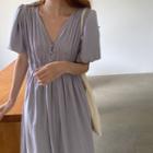 Puff-sleeve Shirred V-neck Midi A-line Dress