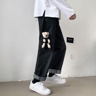 Bear Detail Cropped Straight Leg Jeans