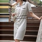 Short-sleeve Collar Contrast Trim Knit Sheath Dress
