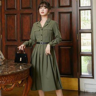 Long-sleeve Pleated A-line Midi Shirtdress