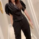 Set: V-neck Puff-sleeve Blouse + Cropped Straight-fit Pants